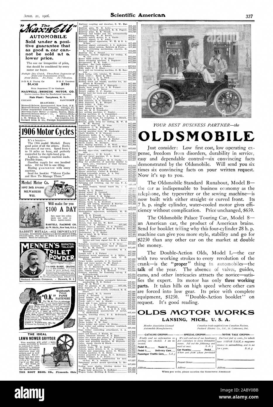 Voiture vendue sous une posi tion garantie qu'une aussi bonne voiture. ne peut pas être vendu a.t prix inférieur. Usine principale : Tarrytown N. Y. mains gercées CHAPINH Gerhard Mennen Company - Newark N. J. nakburne  % LA TONDEUSE IDÉALE GRINDER TILE BROS RACINE. CO. Plymouth. 100 $ par jour d'OHI BARTELL MACHINE CO. 53 W. 8th St. New York É.-U. 1950 OLDSVIOTOR flodel flodel WORKS S MODÈLE L Voitures de livraison, Scientific American, 1906-04-21 Banque D'Images