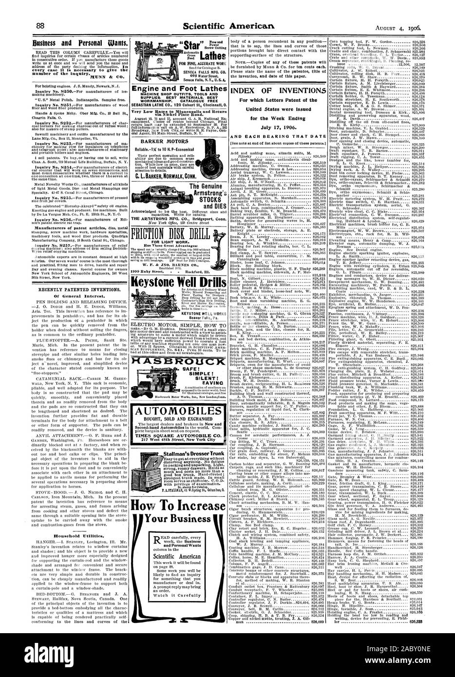Entreprise et Personnel veut. tous les cas, il est nécessaire de donner le numéro de l'enquête. Récemment les inventions brevetées. Les services publics à la personne. Le moteur et le pied des tours des fournitures. Les meilleurs matériaux. Finition meilleure. Catalogue gratuit SEBASTIAN LATHE CO 120, rue du ponceau Cincinnati 0. Des taux très faibles à Minneapolis et retour par route Nickel Plate. L'ART1STRONG MFG. CO. Bridgeport Connecticut et Keystone ELECTRO Exercices SIMPLES À MOTEUR COMMENT T Comment augmenter votre index d'affaires d'INVENTIONS pour lesquelles Lettres patentes de l'United States ont été émises pour la semaine se terminant le 17 juillet 1906. Et chaque roulement CETTE DATE ler Banque D'Images