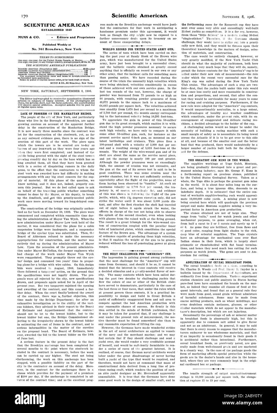 SCIENTIFIC AMERICAN A ÉTABLI 1845 publiés chaque semaine au n°361.Broa dway New York l'ABSENCE DE PROGRÈS SUR LE PONT de Manhattan. RECORD DU MONDE DES ARMES À FEU DE L'armée des États-Unis. Le prochain CHALLENGER POUR 'AMERICA'S CUP. Le PLUS GRAND GEM MINE DANS LE MONDE. L'adultération des aliments pour petit déjeuner Céréales, 1906-09-08. Banque D'Images