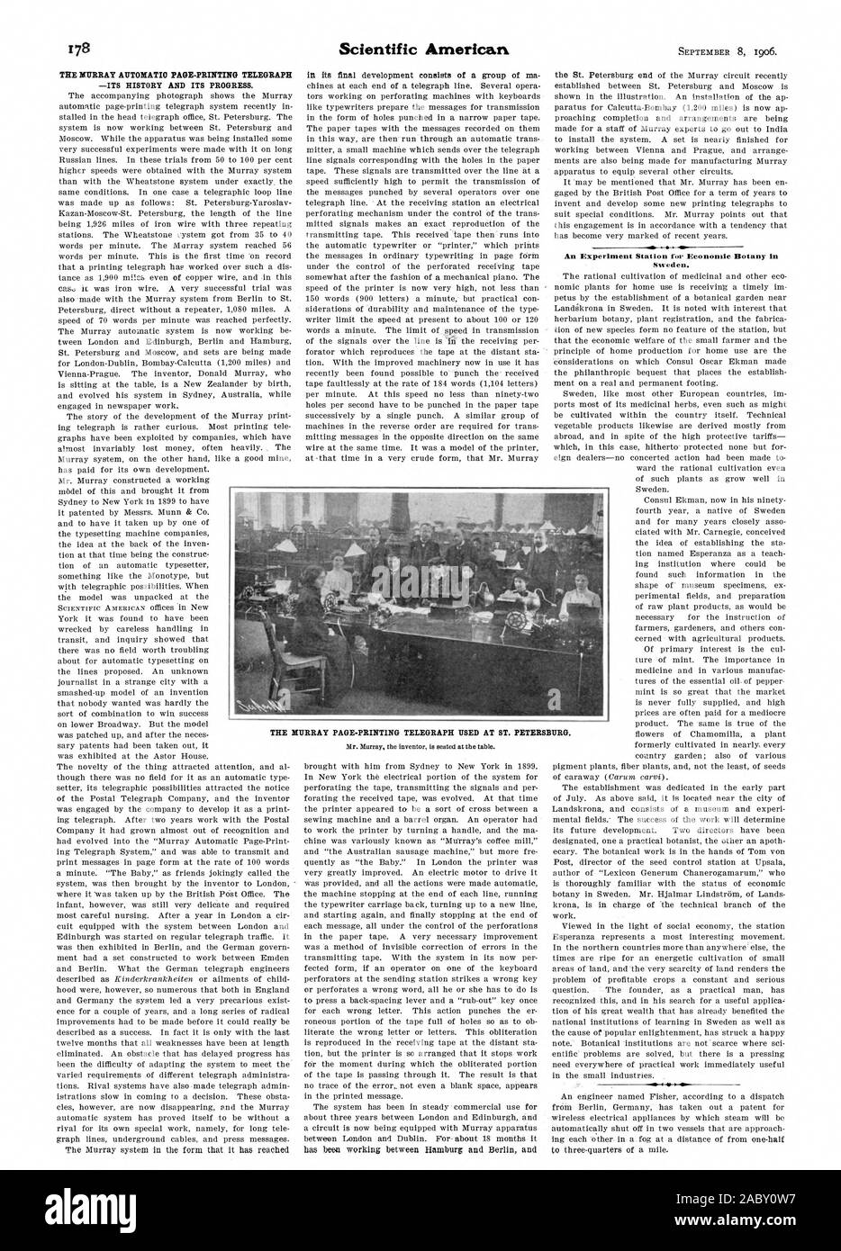 La page d'IMPRESSION AUTOMATIQUE DE MURRAY-TELEGRAPH -SON HISTOIRE ET SON ÉVOLUTION. a travaillé entre Hambourg et Berlin et un poste de l'expérience de botanique économique en Suède. Le MURRAY À IMPRESSION PAGE TELEGRAPH UTILISÉ AU ST. PETERSBURG., Scientific American, 1906-09-08 Banque D'Images