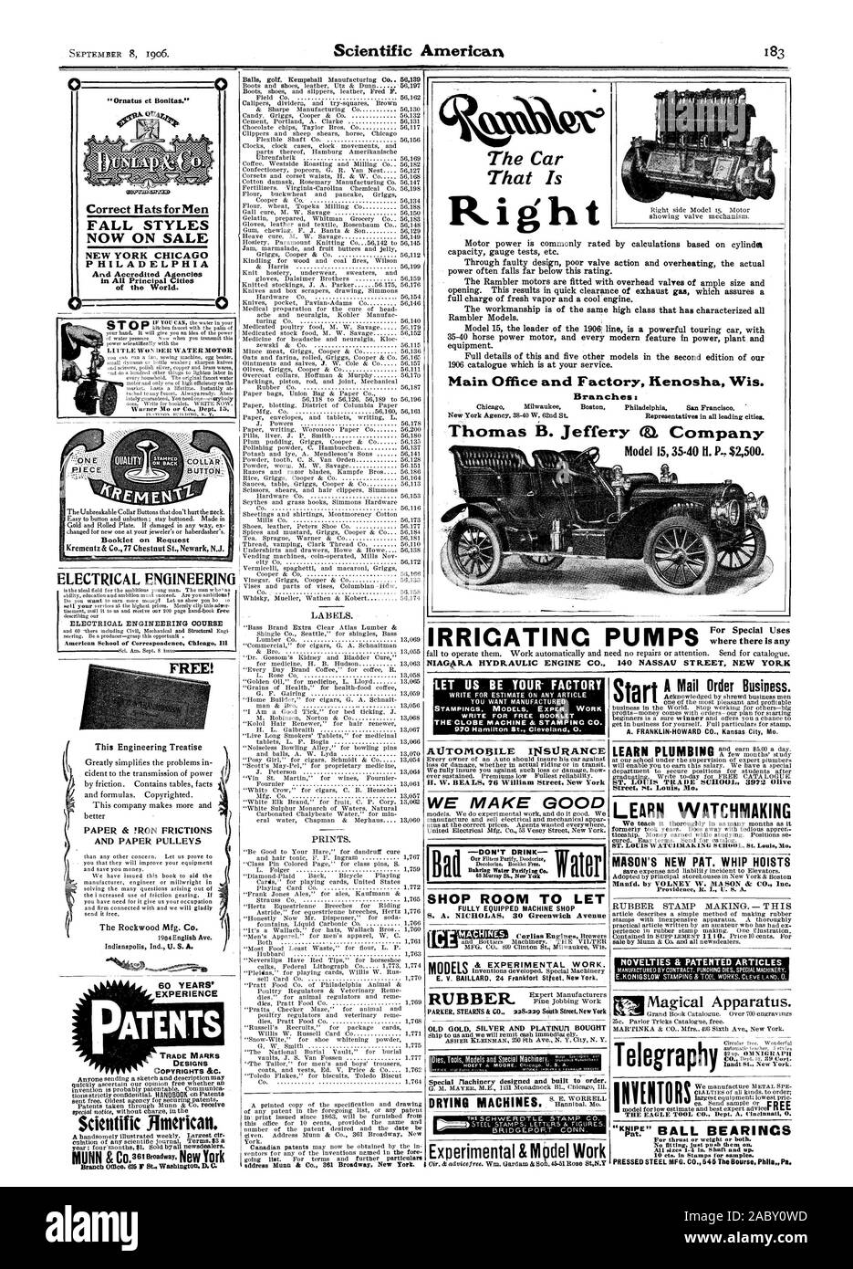 Le droit de la voiture qui est l'IRRIGATION POMPES pour usages spéciaux où il y a toute la société4kR.UN MOTEUR HYDRAULIQUE CO. 140 NASSAU STR.EET NEW YOR-K 15 modèle 35-40 II. P 2 500 $. Bureau principal et l'usine de Kenosha Wisconsin Succursales : objectif liste. Pour les termes et d'autres détails LAISSEZ-NOUS ÊTRE VOTRE USINE MODÈLES EMBOUTIS. EXPER Pour écrire TRAVAIL LIVRET GRATUIT ASSURANCE AUTOMOBILE perte ou dommage que ce soit en équitation réelle ou en transit. Nous sommes tout à vous assurer contre de telles pertes ou dommages comment jamais subi. Faible fiabilité. Plus les primes H. W. BEALS 76 William Street New York Expert EN CAOUTCHOUC Fabricants PARKER. STEARNS & CO Banque D'Images