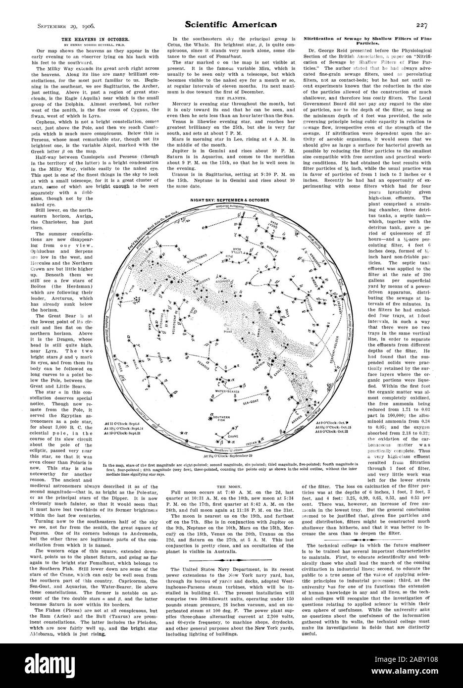 La nitrification des eaux usées par des filtres de particules fines. Ciel nocturne : septembre et octobre, Scientific American, 1906-09-29 Banque D'Images