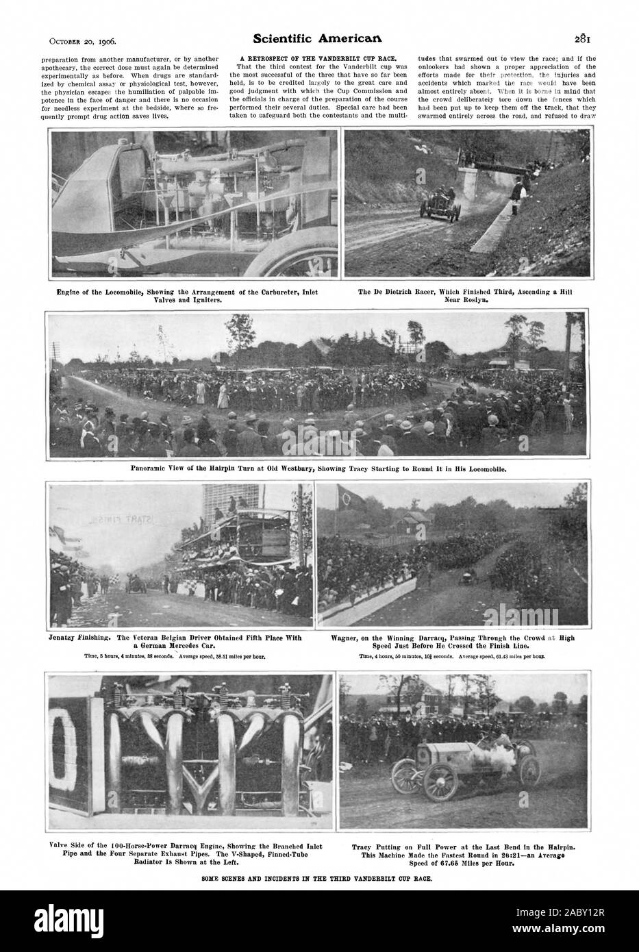 Une RÉTROSPECTIVE DE LA COURSE DE LA COUPE VANDERBILT. Moteur de la Locomobile montrant l'Arrangement de l'entrée d'Carbureter Le Coureur De Dietrich qui a terminé troisième ordre croissant une colline Soupapes et allumeurs. Près de Roslyn Jenatzy la finition. Le vétéran pilote belge a obtenu la cinquième place avec Wagner sur le large Darracq passant à travers la foule à haute un Allemand Mercedes. Juste avant vitesse Ile a franchi la ligne d'arrivée. Le côté de la vanne de la 100-fforse-Power : Darn cq qui montre de la conduite d'aspiration et les quatre. Séparer des tuyaux d'échappement. Le V-Finned-Tube en forme de radiateur est illustré à gauche. Tracy Banque D'Images