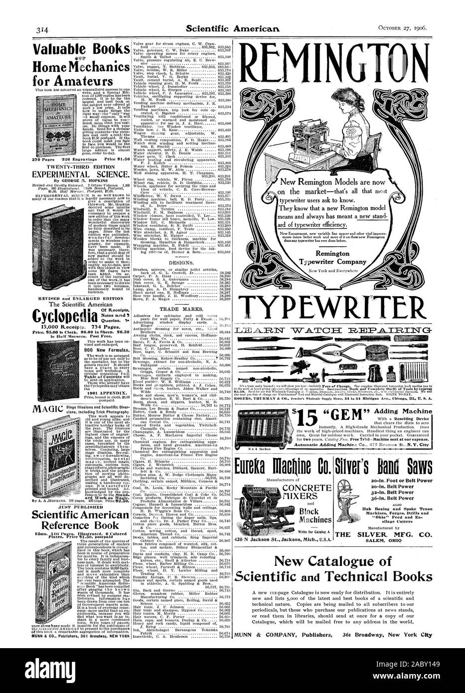 Vingt-TROISIÈME ÉDITION DE LA SCIENCE EXPÉRIMENTALE. L'édition révisée et élargie de l'Américain scientifique d'accusés de réception des requêtes. 'S. 15000 reçus. 734 pages. Prix $5.00 dans un chiffon. 6,00 $ chez les ovins. $6.50 ard Travaux sur la Magie. Scientific American VIENT DE PARAÎTRE Livre référence MUNN & CIE Éditeurs 361 Broadway. Dessins de New York. Les marques. 370 Pages 396 gravures : 1,50 $ 900 nouvelles formules. L'annexe 1001. MINGTON nouvelle machine à écrire Remington modèles sont maintenant les utilisateurs demandent de savoir. ard de machine à écrire l'efficacité. Nouvelle ligne d'échappement nouvelle variable d'écartement et autres améliorations essentielles assurer un meilleur travail et plus de c Banque D'Images