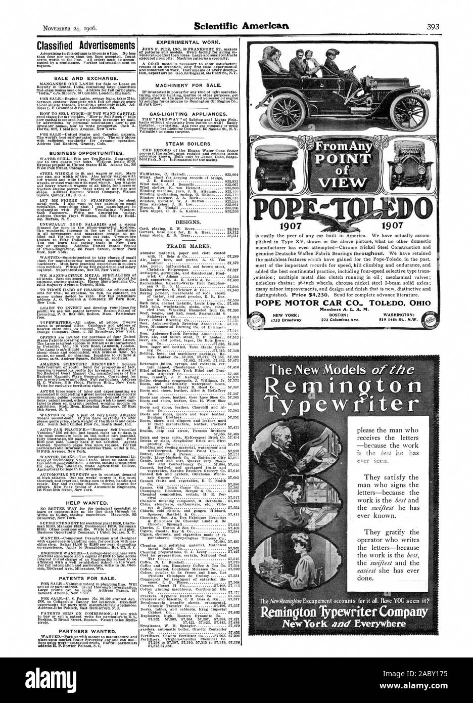 Annonces Vente et l'échange. Occasions d'affaires. Les brevets pour la vente. Partenaires recherchés. Le travail expérimental. Machines pour la vente. Les appareils d'éclairage au gaz. Chaudières à vapeur. NEW YORK : BOSTON : WASHINGTON : 1907 19071 emingQvton Typewrqter Irpewriter ?Remington, Scientific American, 1906-11-24 Banque D'Images