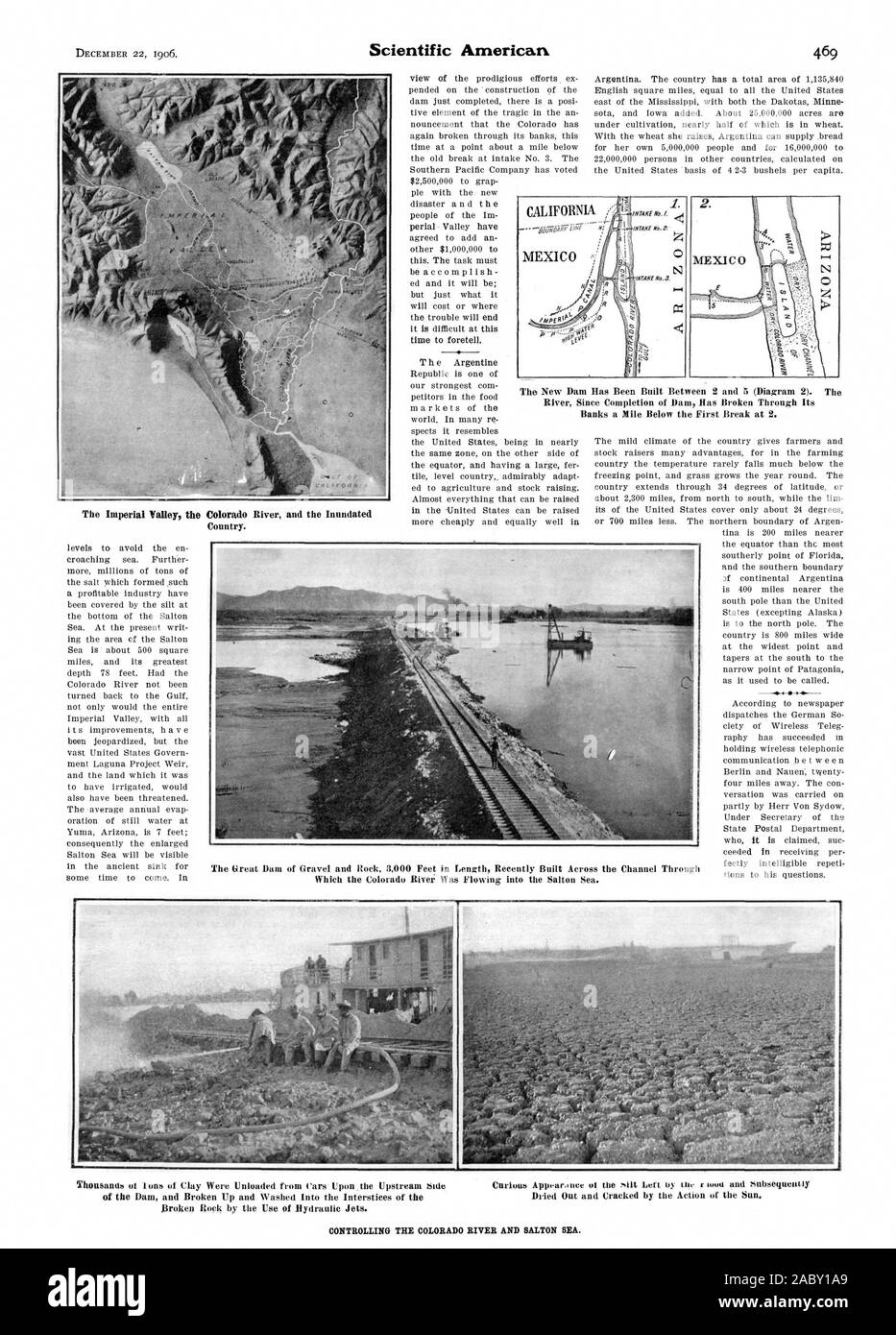 La Vallée impériale le fleuve Colorado et le temps inondés de prédire. T h e venu d'Argentine WANE 403. Des milliers d'ions 'ot d'argile ont été déchargés par les voitures sur le côté amont roche fragmentée par l'utilisation de jets d'hydraulique. Asséché et craquelé par l'action du soleil. LE CONTRÔLE DE LA RIVIÈRE COLORADO ET LAC SALTON., Scientific American, 1906-12-22 Banque D'Images