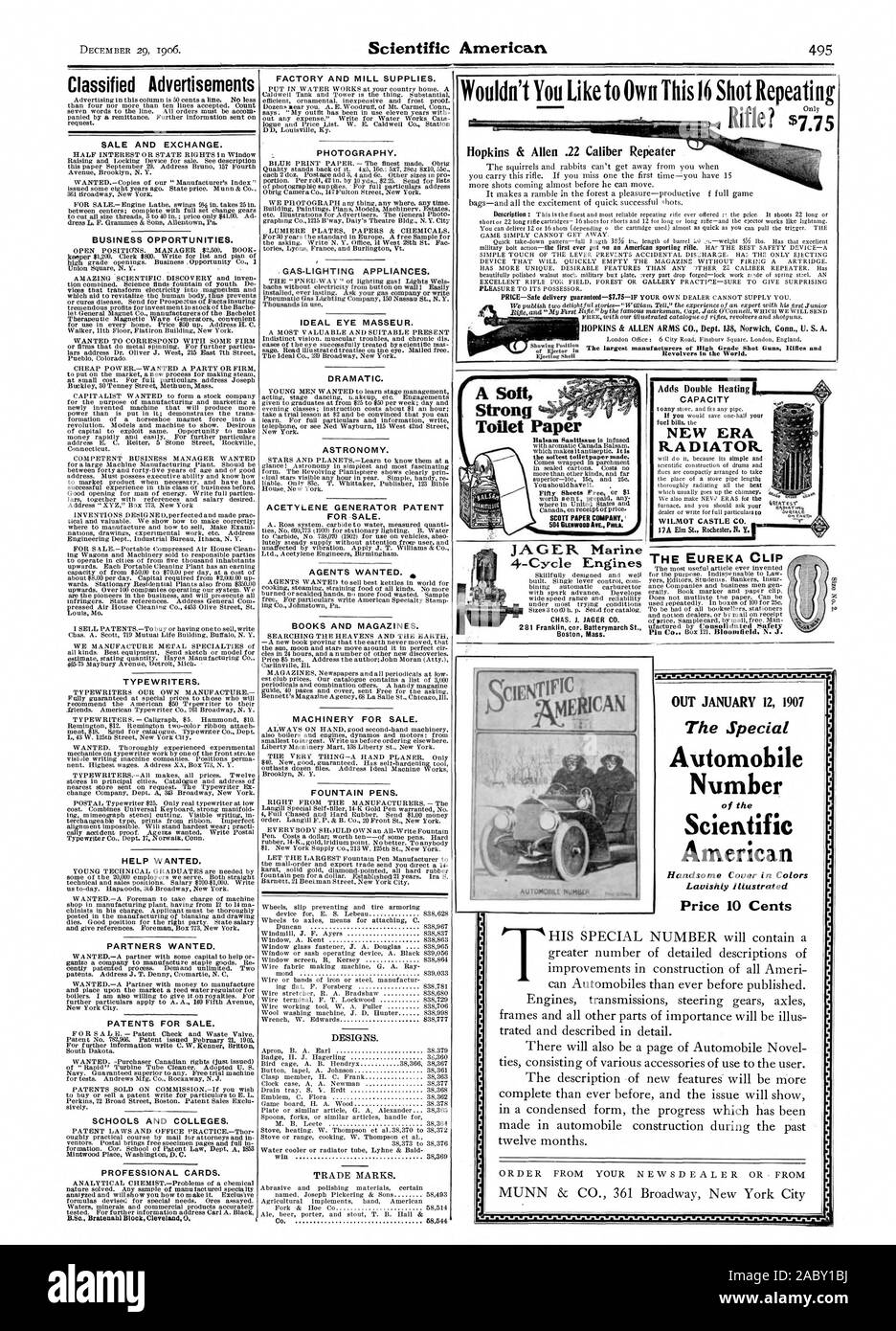 Annonces Vente et l'échange. Occasions d'affaires. Les machines à écrire. HELP WANTED. Partenaires recherchés. Les brevets pour la vente. Les écoles et les collèges. Cartes professionnelles. B.Sc Bloc Bratenahl Cleveland 0 FACTORY ET D'USINE DE FOURNITURES. La photographie. bachs sans électricité à partir de la touche sur le WAD JE facilement l'ŒIL IDÉAL MASSEUR. Spectaculaire. L'ASTRONOMIE. Générateur d'ACÉTYLÈNE POUR BREVET -vente. Les agents voulaient. Livres et magazines. Machines pour la vente. Des plumes. N'aimeriez-vous pas propre Ce 16 Shot répétant  =1Nnim JE Hopkins & Allen revolvers de calibre .22 à répétition dans le monde. NEr Strong Papier Toilette 4-Cycle Banque D'Images