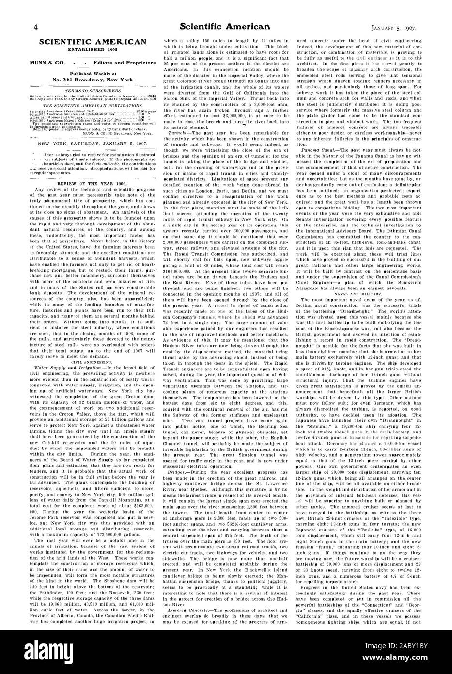 SCIENTIFIC AMERICAN A ÉTABLI 1845 MUNN & Co - éditeurs et propriétaires publiés chaque semaine au n°361.Broa dway New York - EXAMEN DE L'ANNÉE 1906 1907-01-05,. Banque D'Images