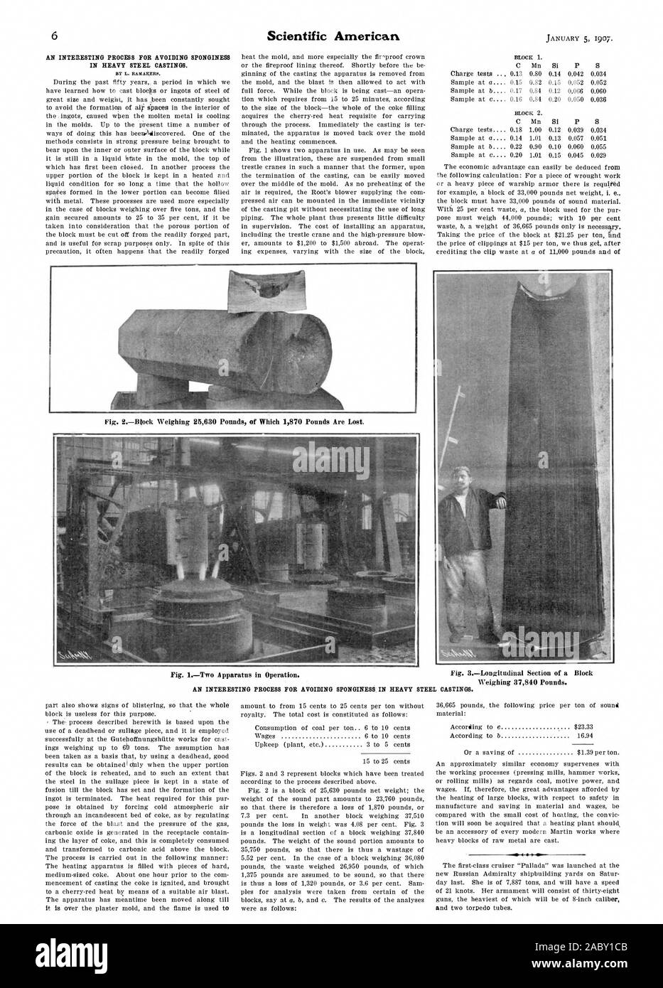 Un processus INTÉRESSANT POUR ÉVITER LES SPONGINESS DANS LES moulages d'acier. Bloc 1. Tests de charge . 0,13 0,80 0,14 0,042 0,034 0,15 0,82 à un échantillon 0,15 0,052 0,052 C Mn Tr P 5 Fig. 2.-Biock pesant 25630 livres dont 1870 livres sont perdus Fig. 1.-deux appareils en fonctionnement. Fig. 3.-section longitudinale d'un bloc pesant 37840 livres. Un processus INTÉRESSANT POUR ÉVITER LES SPONGINESS dans les moulages d'acier., Scientific American, 1907-01-05 Banque D'Images