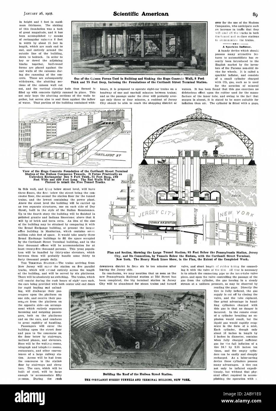 Une étincelle. D'épaisseur et 75 gonfleur pieds de profondeur Inclosing les fondements de l'Cortlandt Street Station Terminal. alanteltak rAVOP .0LW vu l'énorme de la fondation en béton Cortlandt Street Station terminale de la Hudson Entreprises Tunnels. Il forme pratiquement une boîte rectangulaire 8 pieds d'épaisseur 75 pieds de profondeur 180 pieds de large et 420 pieds de long la fin Murs seront percés d'admettre les cinq voies du tunnel 1 III I M E Ville et sa connexion par des tunnels sous l'Hudson avec l'Cortlandt Street New York Terminal. La lourde les traits noirs indiquent dans le plan que l'étendue des travaux terminés Banque D'Images