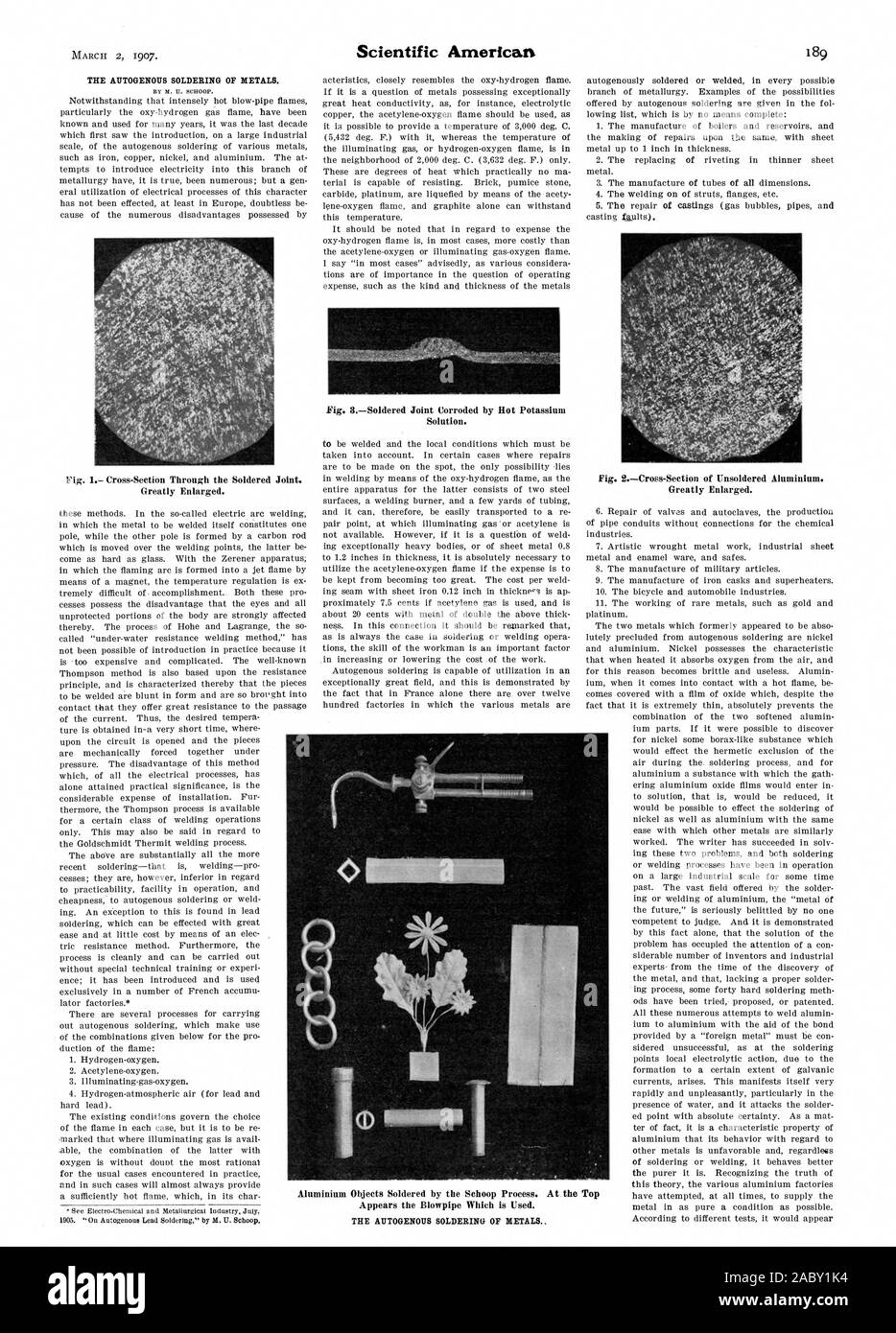 Le soudage autogène de métaux. Considérablement augmentée. Fig. 2Coupe de dessoudé Etat de l'aluminium. Considérablement augmentée. Apparaît le chalumeau qui est utilisé. Le soudage autogène de métaux, Scientific American, 1907-03-02 Banque D'Images
