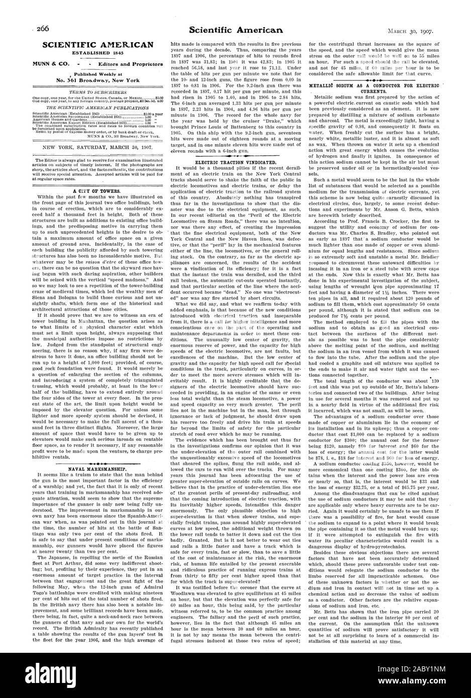 SCIENTIFIC AMERICAN A ÉTABLI 1845 publiés chaque semaine au n°361 Broadway New York ADRESSE AU TIR DE LA MARINE. la flotte pour l'année 1906 et la moyenne élevée de la TRACTION ÉLECTRIQUE justifié le sodium métallique comme chef d'orchestre pour des courants électriques., 1907-03-30 Banque D'Images