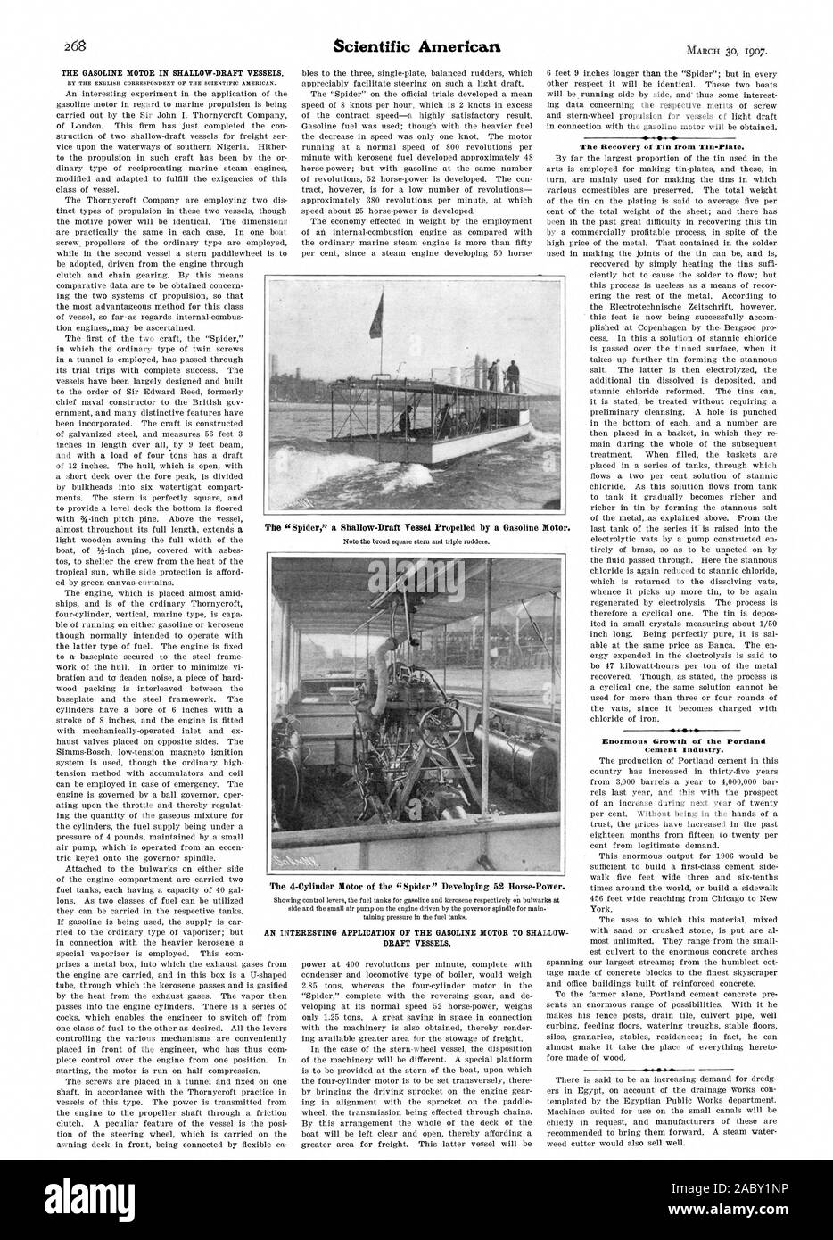 Le MOTEUR À ESSENCE DANS LES NAVIRES à faible tirant. La croissance énorme de l'industrie du ciment Portland. 4. 4 Le "une araignée' une Shallow-Draft navire mû par un moteur à essence. Le moteur 4 cylindres de la Spider' les 52 Horse-Power. Projet de navires., Scientific American, 1907-03-30 Banque D'Images