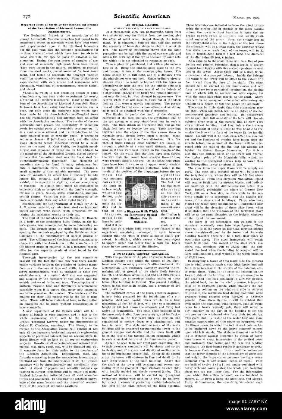 Rapport d'essais d'aciers par la Direction générale de la mécanique de l'Association des fabricants d'automobile sous licence. AD. J', Scientific American, 1907-03-30 Banque D'Images