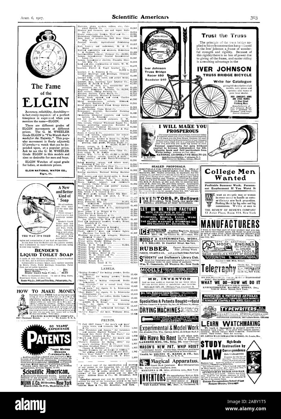Ilmerican scientifiques BREVETS La renommée de l'ELGIN en fait toutes les ressources d'un garde-temps parfait s'exprime quand vous mentionnez le nom-ELGIN. Il existe différentes qualités de mouvements ELGIN à différents prix. Le G. M. WHEELER ular circulation est finement réglée ; 17 rubis ;-une montre qui peut être suspendu à un prix populaire. Demandez à voir le G : M. WHEELER ELGIN au niveau des modèles et tailles mince alors souhaitable que les hommes et les garçons. Montres ELGIN d'égalité de grade pour dames à prix modérés. Dans la région de Elgin. 60 ANS D'EXPÉRIENCE Une nouvelle et meilleure sorte de savon de toilette, savon liquide DU BENDER COMMENT FAIRE CONFIANCE MONE Banque D'Images