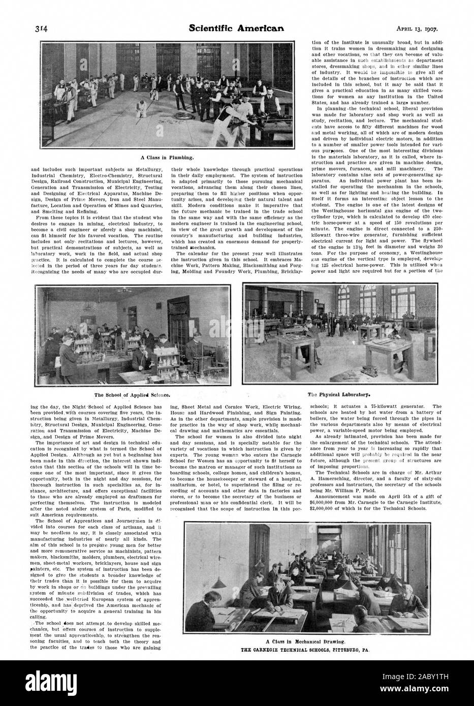 Une classe dans la plomberie. L'École de sciences appliquées. Le Laboratoire de physique. Une classe dans le dessin mécanique. Le CAUNEGIE LES ÉCOLES TECHNIQUES PITTSBURG PA, Scientific American, 1907-04-13 Banque D'Images