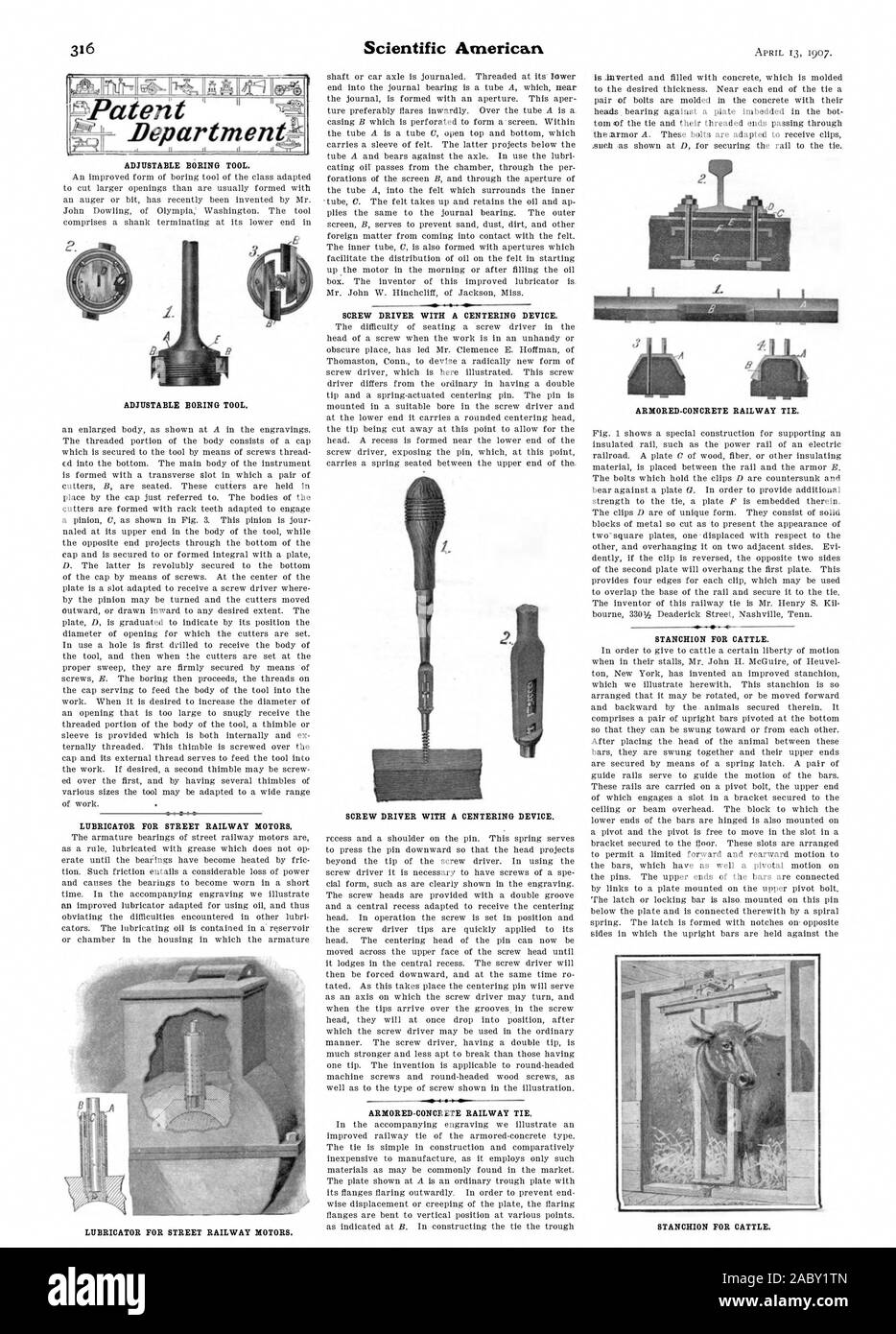 Outil de perçage réglable. Outil de perçage réglable. Lubrificateur POUR STREET RAILWAY MOTORS. Scientific American TOURNEVIS AVEC UN DISPOSITIF DE CENTRAGE. Tournevis AVEC UN DISPOSITIF DE CENTRAGE. Traverses de chemin de fer en béton blindé. Departinen 1907-04-11 Brevet, Banque D'Images