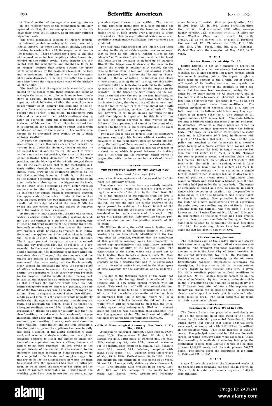 Les travaux DE PROTECTION DE L'ASSOITAN BARRAGE. Résumé météorologique officiel New York, N. Y. Mai 1907. Le supplément actuel. 440 la consommation de pâte à bois 1906., Scientific American, 1907-06-15 Banque D'Images