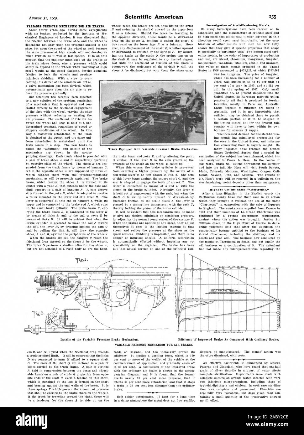 Mécanisme à PRESSION VARIABLE POUR LES FREINS À AIR. Enquête d'Steel-Hardening les métaux. Droit d'utiliser le nom 'Chartreuse" chariot équipé d'un mécanisme de frein à pression variable. . Vend au détail des mécanisme de frein à pression variable. L'efficacité de l'amélioration par rapport au frein frein ordinaire. Mécanisme à PRESSION VARIABLE POUR LES FREINS À AIR., Scientific American, 1907-08-31 Banque D'Images