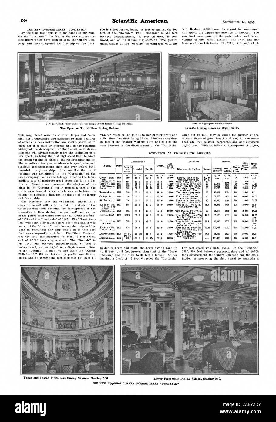 La nouvelle turbine LINER 'LUSITANIA." L'officier spacieux coin salon. Location Salle Regal Suite., Scientific American, 07-09-14 Banque D'Images