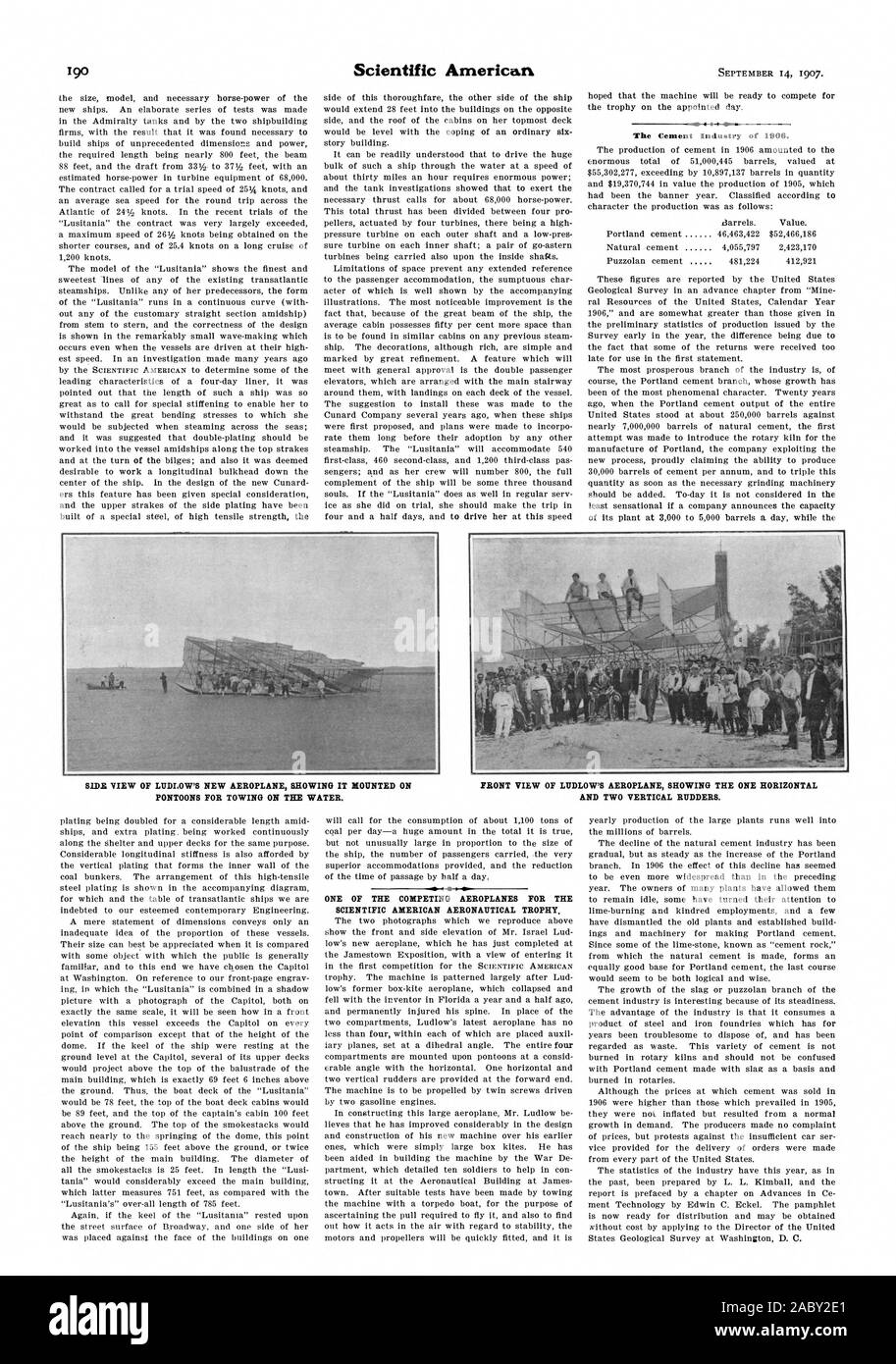 L'industrie du ciment de 1906. UDR VUE DE LUDLOW'S NOUVEL AVION MONTRANT IL MONTÉ SUR VUE AVANT DE L'AVION DE LUDLOW MONTRANT L'UN HORIZONTAL PONTONS POUR LE REMORQUAGE SUR L'EAU. Et de deux gouvernails verticaux. L'UN DES AVIONS EN COMPÉTITION POUR LE TROPHÉE DE L'AÉRONAUTIQUE Américain scientifique., 07-09-14 Banque D'Images