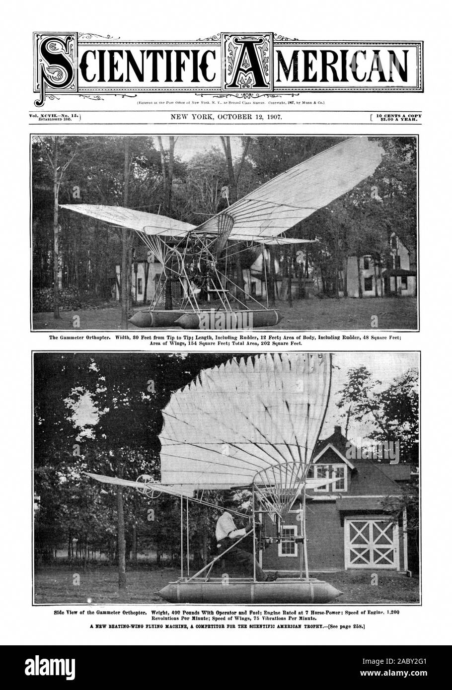 10 cents la copie d'un MOO ANNÉE. L'Gammeter Orthopter. Largeur 30 pieds de pointe à pointe ; Longueur y compris gouvernail 12 pieds ; domaine de l'organisme y compris gouvernail 48 pieds carrés ; zone d'Ailes 154 pieds carrés ; Superficie totale 202 m²., Scientific American, 1907-1910-12 Banque D'Images
