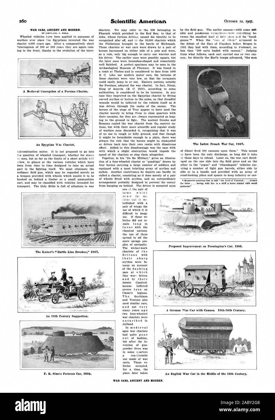 La guerre VOITURES ANCIENNES ET MODERNES. Par le lieut.-col. C. Champ. Une conception médiévale d'un char de Perse. La dernière voiture de guerre français 1907. Une suggestion du 18ème siècle. F. R. Sims de forteresse de location de 1902. Amélioration proposée sur la voiture 1900 Pennington. Une voiture de guerre allemand avec Cannon. 15ème-16ème siècle. Une voiture de guerre anglais au milieu du 16ème siècle. Les voitures de guerre ancienne et moderne., Scientific American, 1907-1910-12 Banque D'Images