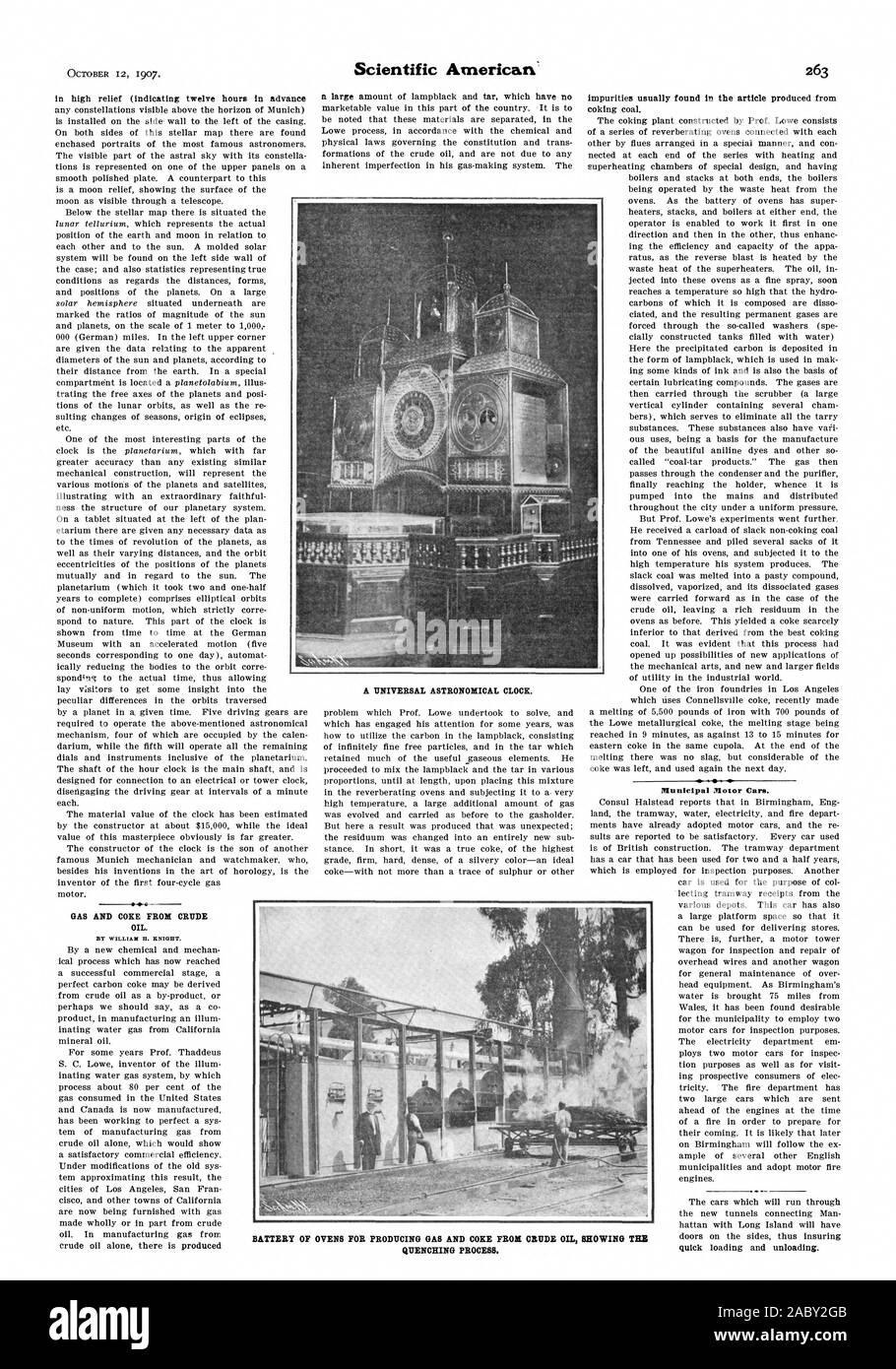 En haut-relief (indiquant douze heures à l'avance LE GAZ ET LE COKE DE PÉTROLE BRUT. Par WILLIAM H. KNIGHT. D'une horloge astronomique. Motor Cars municipaux. Recherche rapide le chargement et le déchargement. Trempe., Scientific American, 1907-1910-12 Banque D'Images