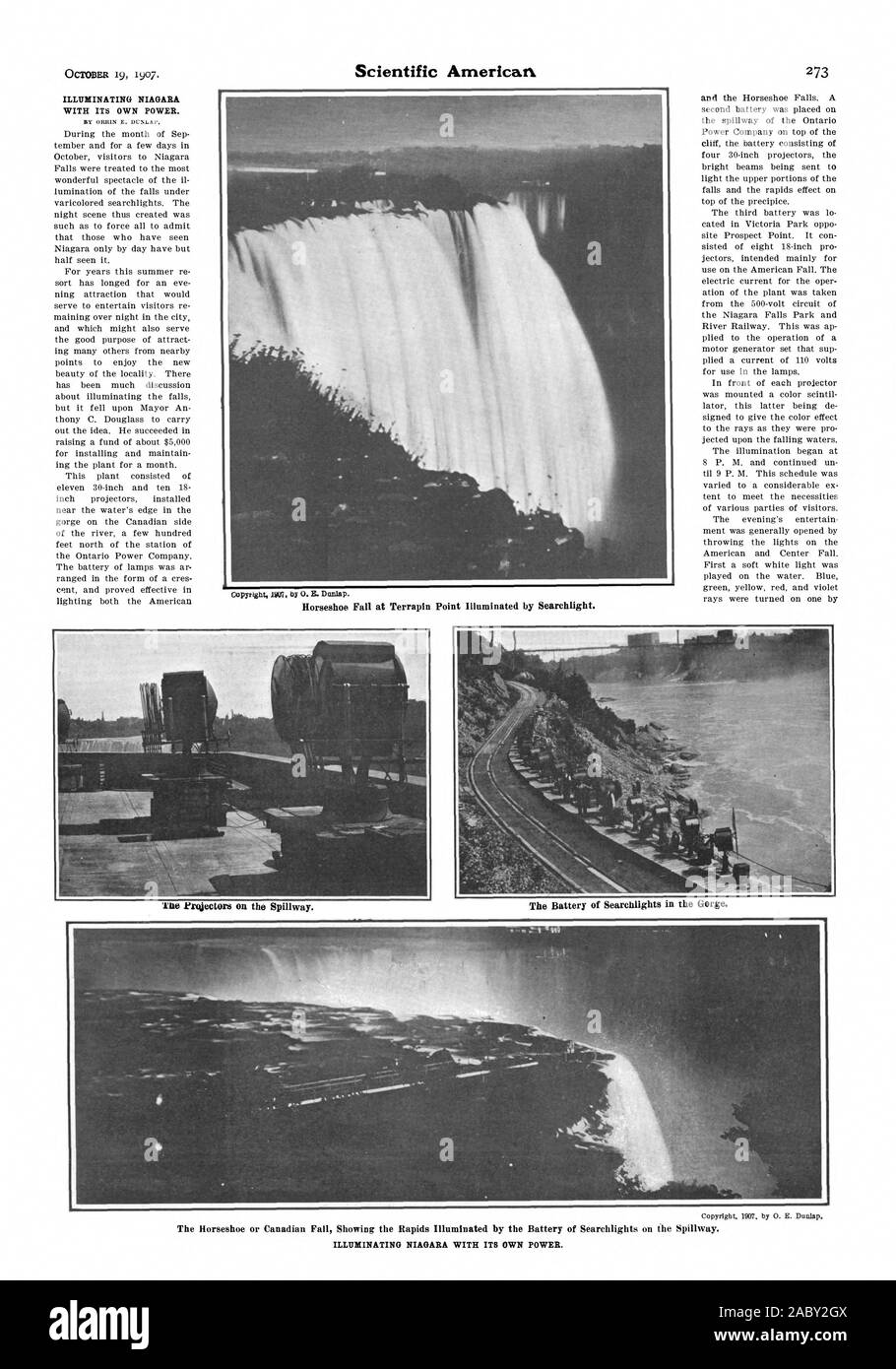 L'automne à Horseshoe Point Terrapin illuminée par le projecteur. lerojectors sur le déversoir. La batterie de projecteurs dans la gorge., Scientific American, 1907-1910-19 Banque D'Images