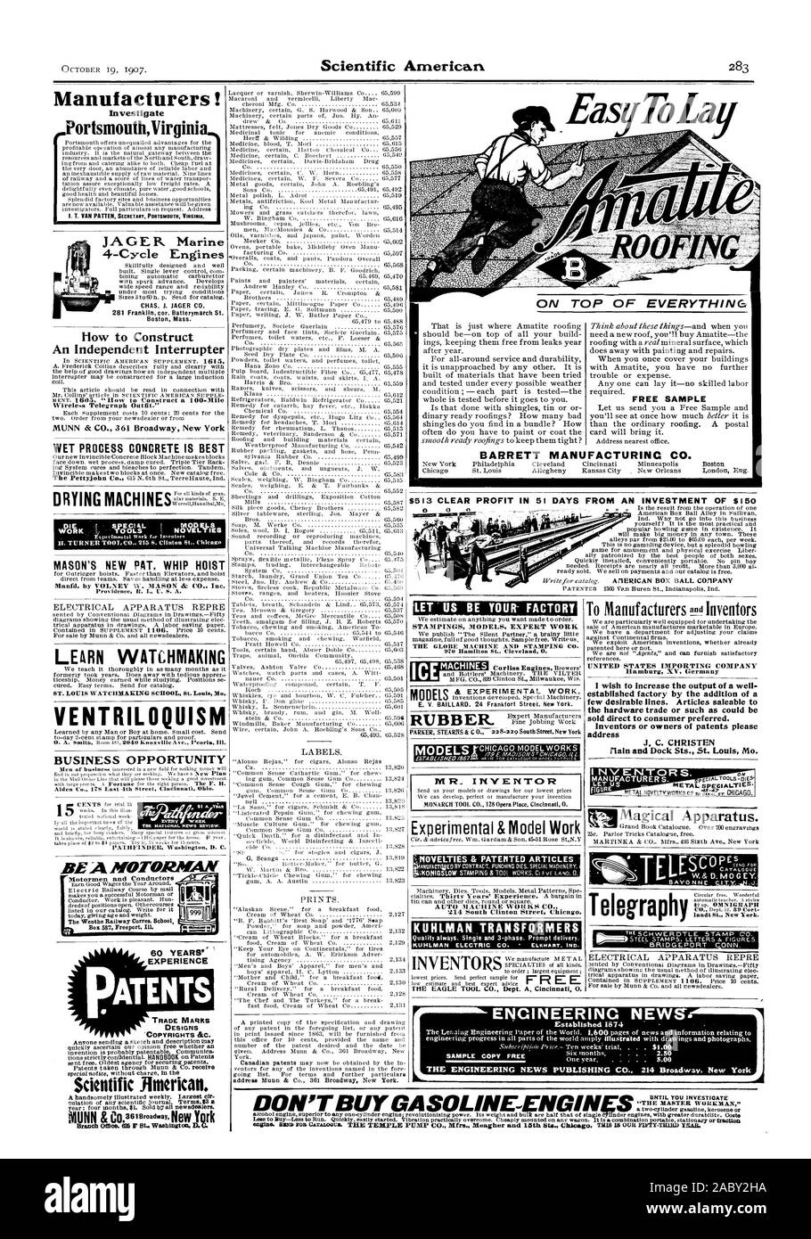 Échantillon gratuit BARRETT CO. Boston Londres Eng. Comment construire un disjoncteur indépendant zone Wirele.s Telegraph tenue.' MUNN & CO. 361 Broadway New York PROCESSUS HUMIDE LE BÉTON EST MEILLEUR MACHINES À SÉCHER ular matériaux. S. E WorrellHannibalMo. MASON'S NEW PAT. Palan à fouet apprendre la ventriloquie HORLOGERIE OCCASION D'AFFAIRES ÊTRE PIOTORMAN NOUVEAUTÉS & UN;ARTICLES BREVETÉS '214 South Clinton Street Chicago. Ciradar TRANSFORMATEURS KUHLMAN gratuitement. Fabricants de merveilleux ! Enquêter sur Portsmouth Virgini JAGER 4 moteurs marins à cycle CHAS. J. JAGER CO. Boston Massachusetts & le travail expérimental. M. MODÈLES INVENT Banque D'Images