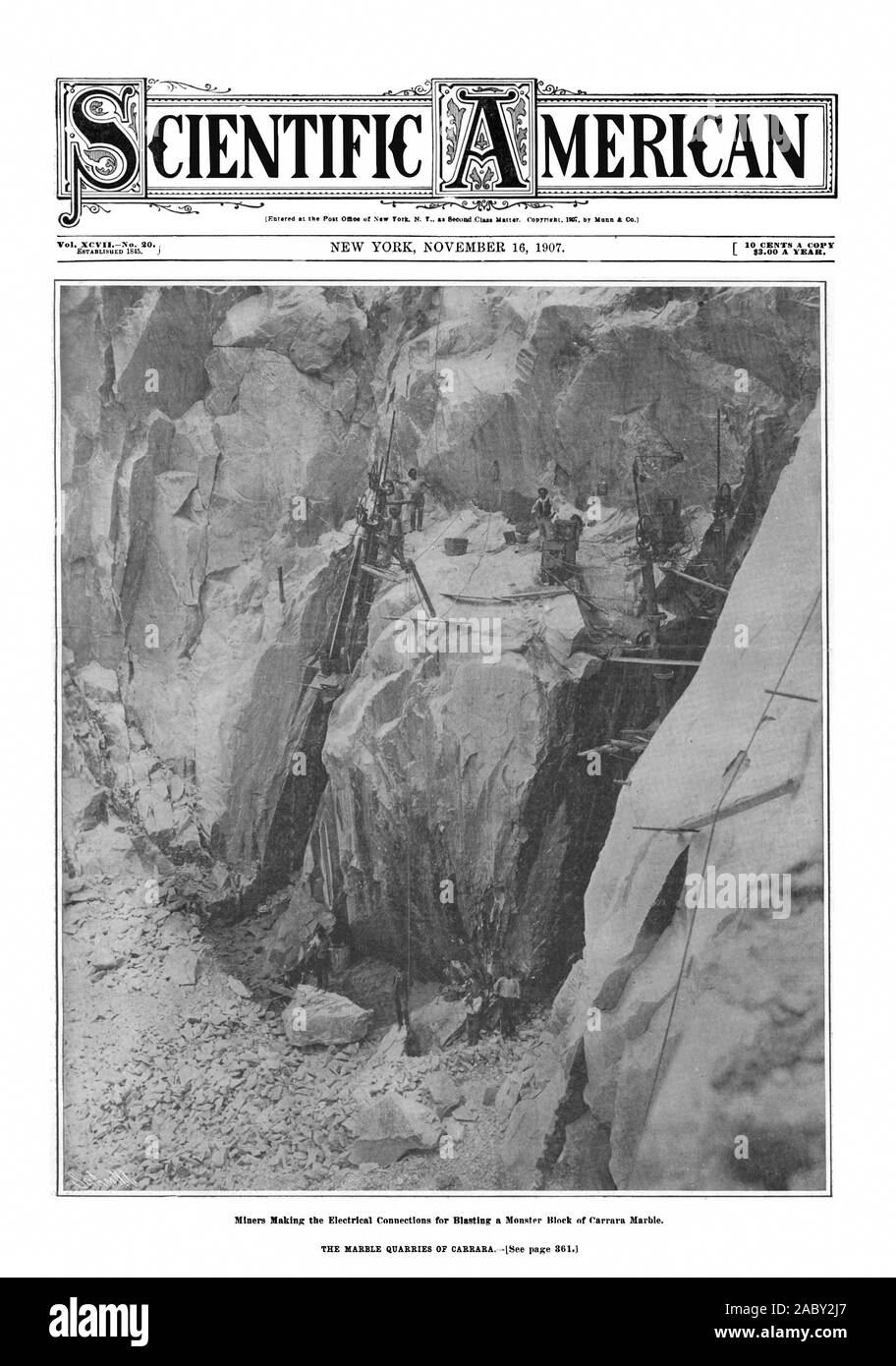 10 cents la copie 83,00 par an. Cientifique, Scientific American, 1907-11-16, les carrières de marbre de Carrare Banque D'Images