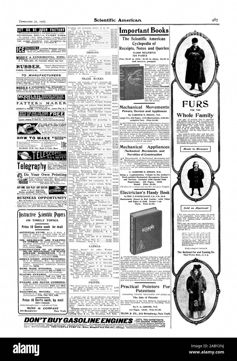 CONSTRUCTION D'UN ING a indiqué OU L'ENREGISTREMENT DE LA PLAQUE D'ÉTAIN ET DYNAMO combinée. Prix 10 cents chacun par mail MUNN l& COMPANY 361 Broadway New York MARQUES. YCLOPEDLA -a- les reçus. MUNN 6 : CO. 361 Broadway New York jusqu'à ce que vous rechercher sur fipprvval vendu .J, Scientific American, 1907-12-21 Banque D'Images