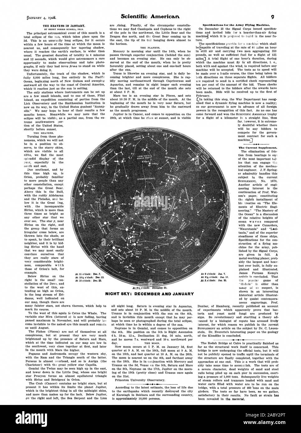 Le supplément actuel. À l'o'clock : Dec7. À 10  % heures : 10 décembre. À 10 heures : 23 décembre le taureau (bull) LEPUS (Lièvre) Le sud de l'ERIDANUS NICHT Horiz SKY : décembre et janvier, Scientific American, 1908-01-04 Banque D'Images
