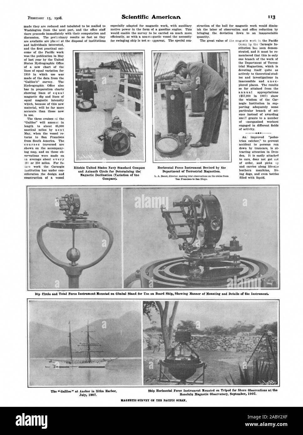 Construction d'un navire de la marine des États-Unis Ritchie Compas Standard et Cercle d'azimut pour la détermination de la déclinaison magnétique (variation de la boussole). Tableau de la Force horizontale mises au point par le Département de magnétisme terrestre. Cercle dip et Total Force Instrument monté sur support à cardan pour utilisation à bord d'un navire montrant le mode de fixation et les détails de l'instrument. Juillet 1907. Tableau de la Force horizontale navire monté sur trépied pour des observations à terre à l'Observatoire magnétique de Honolulu. septembre 1907, Scientific American, 1908-02-15 Banque D'Images