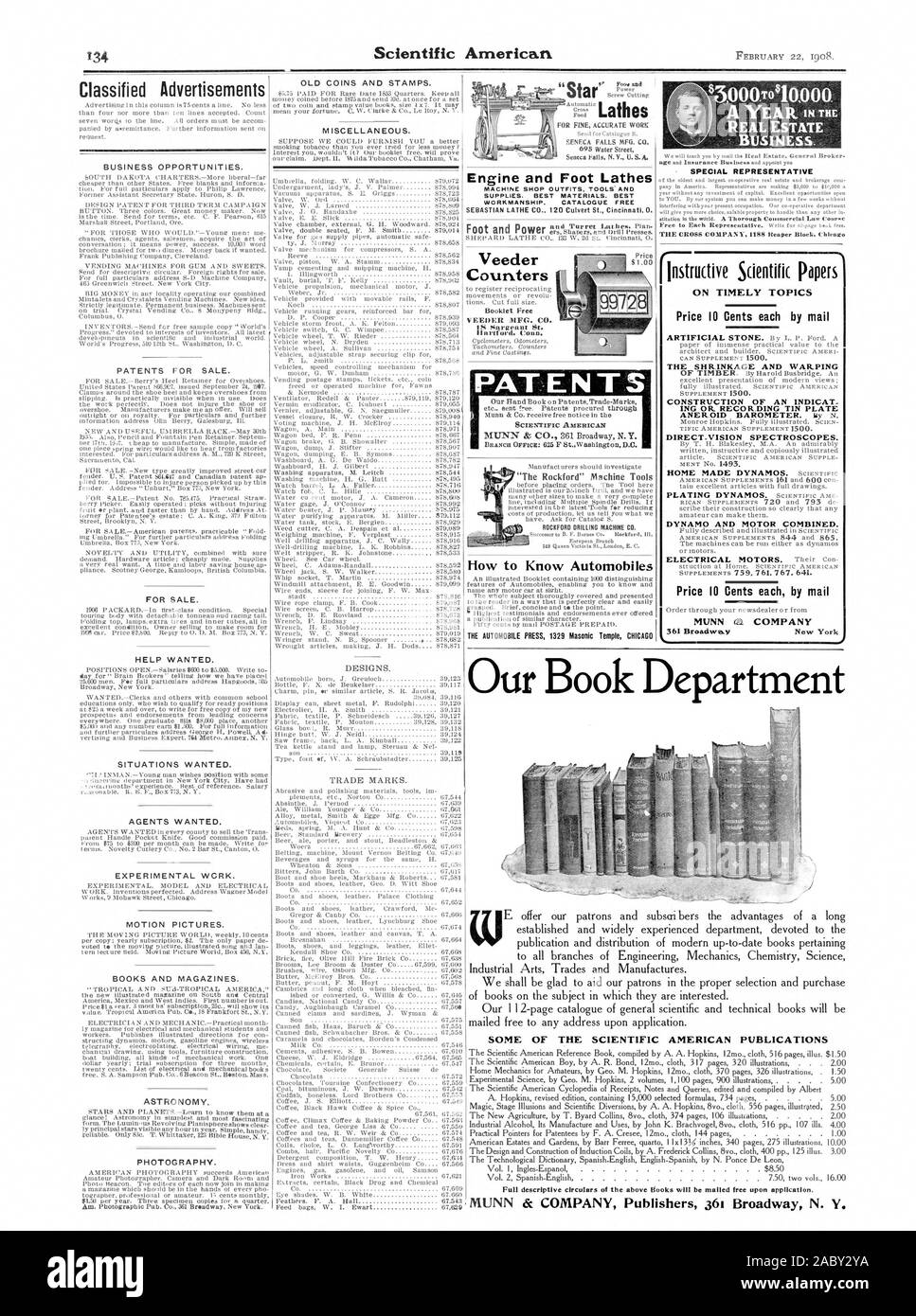 Pour un travail précis d'anciennes pièces et timbres. Divers. Les marques. Annonces occasions d'affaires. Les brevets pour la vente. Pour la vente. HELP WANTED. SITUATIONS voulait. Les agents voulaient. Le travail expérimental. MOTION PICTURES. Livres et magazines. La photographie. Le moteur et le pied des tours des fournitures. Les meilleurs matériaux. Finition meilleure. Compteurs GRATUIT Catalogue Gratuit Brochure VEEDER MFG. CO. EST Sargrant St. II artf ord. Brevets Conn. SCIENTIFIC AMERICAN 'Rising Sun' Machine Tools Co. à Rockford Comment connaître les automobiles de l'IMMOBILIER. IfFtructive Publications scientifiques sur l'Opportun Banque D'Images