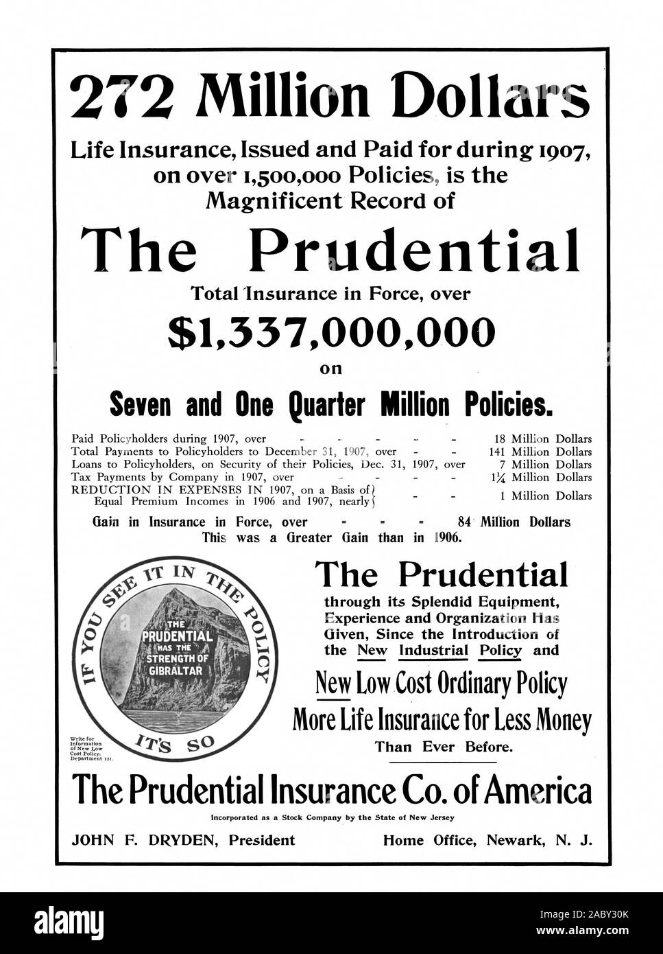 272 millions de dollars d'assurance-vie émises et payées au cours de 1907 sur plus de 1500000 politiques est le magnifique Dossier de la Prudential Assurance totale en vigueur plus de 1337000000 sur sept et un quart de million de politiques. Gagner en assurance en vigueur plus de 84 millions de dollars c'était un gain plus important qu'en 1906 RUDENTIALSTRENGTH DU Prudential grâce à son expérience et l'équipement splendide a donné depuis l'introduction de la nouvelle politique industrielle et de nouvelles politiques ordinaires à faible coût d'assurance-vie plus pour moins d'argent que jamais auparavant. La Prudential Insurance Co. of America Banque D'Images