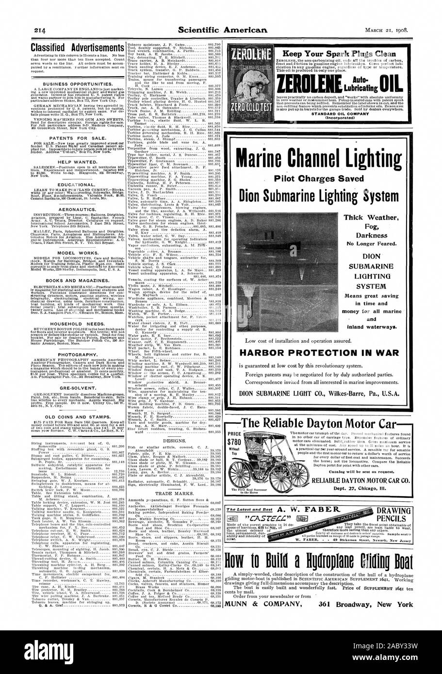 Annonces occasions d'affaires. Les brevets pour la vente. HELP WANTED. Pour l'éducation. L'aéronautique. Modèle fonctionne. Livres et magazines. Les besoins du ménage. La photographie. GRE-solvant. Vieilles pièces de monnaie et timbres. tEROLENE Gardez vos bougies nettoyer cette huile est produite en un seul endroit. La Standard Oil Company (Incorporated) comment construire un hydroglisseur GINN Voile épais brouillard Météo obscurité ne craignait plus. Système signifie une grande économie de temps et d'argent pour toutes les voies navigables intérieures. Canal Maritime Pilote d'éclairage sous-marin Dion enregistré des frais de port dans la protection du système d'éclairage SOUS-MARIN CO LUMIÈRE GUERRE DION Banque D'Images