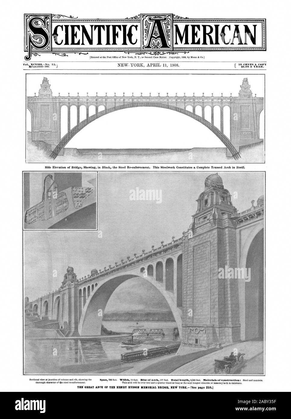 Scientific American, 1908-04-11, la grande arche de la Henry Hudson memorial bridge, New York Banque D'Images