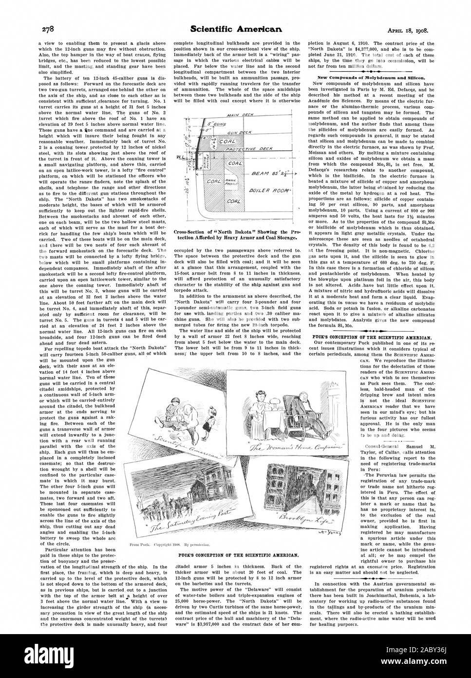 Coupe de 'Dakota du Nord' montrant la protection offerte par l'armure lourde et stockage du charbon. PUCK'S CONCEPTION DU SCIENTIFIC AMERICAN. De nouveaux composés de 'Molybdenum et silicium., 1908-04-18 Banque D'Images