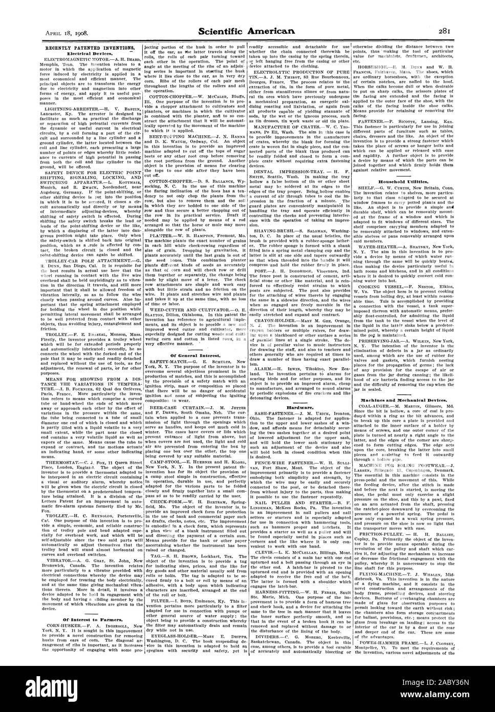 Récemment les inventions brevetées. D'intérêt pour les agriculteurs. D'Intérêt Général. Le matériel. Les services publics à la personne. Machines et appareils mécaniques., Scientific American, 1908-04-18 Banque D'Images