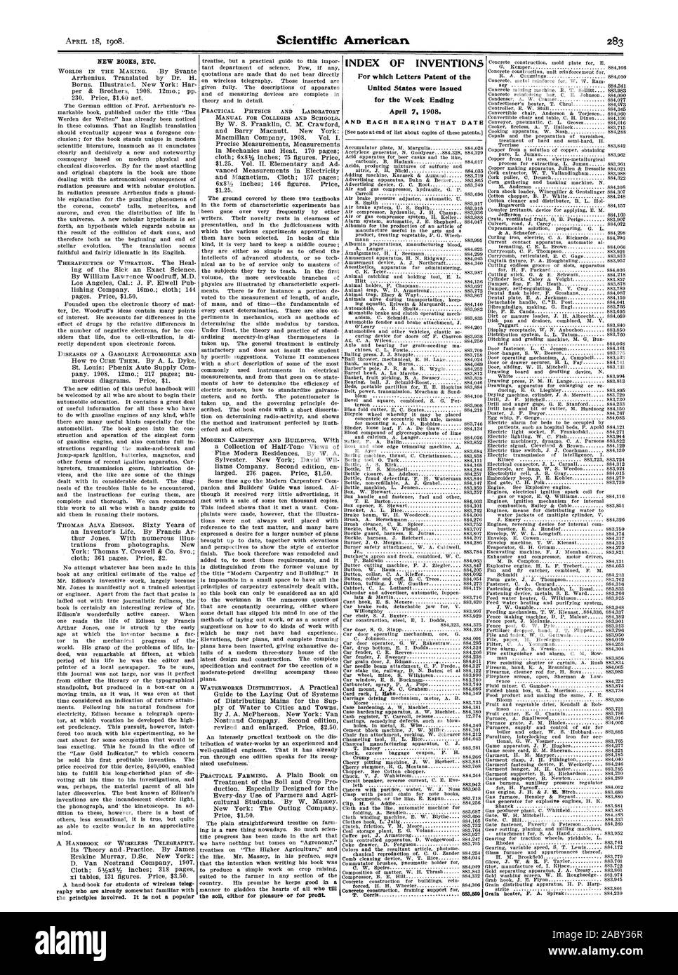 INDEX DES INVENTIONS pour lesquelles Lettres patentes de l'United States ont été émises pour la semaine se terminant le 7 avril 1908. Et chaque roulement CETTE DATE, Scientific American, 1908-04-18 Banque D'Images