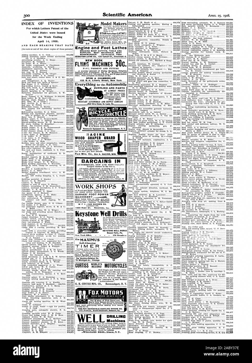 INDEX DES INVENTIONS pour lesquelles Lettres patentes de l'United States ont été émises pour la semaine se terminant le 14 avril 1908. Et chaque roulement que Keystone KEYSTONE Exercices DATE Bien FONCTIONNE BIEN Beaver Falls Pa. nettoyage expulse l'horloge Beckley-Ralston Co. 78 Michigan Av. Chicag CURTISS le nouveau single de monde et double Médaille Diamond Cylin Plus Grand Prix d'Endurance nationale a gagné sur un Curtiss. Envoyer un catalogue de H et de la brochure 'Réalisations.' CO. Hammondsport N. Y. G. H. CURTISS MFG. Je MOTEURS FOX til.:1l-4 :-.' PI I Maquettistes et tours moteur PIED MACHINE SHOP TENUES OUTILS ET FOURNITURES. Les meilleurs matériaux. Meilleur Banque D'Images