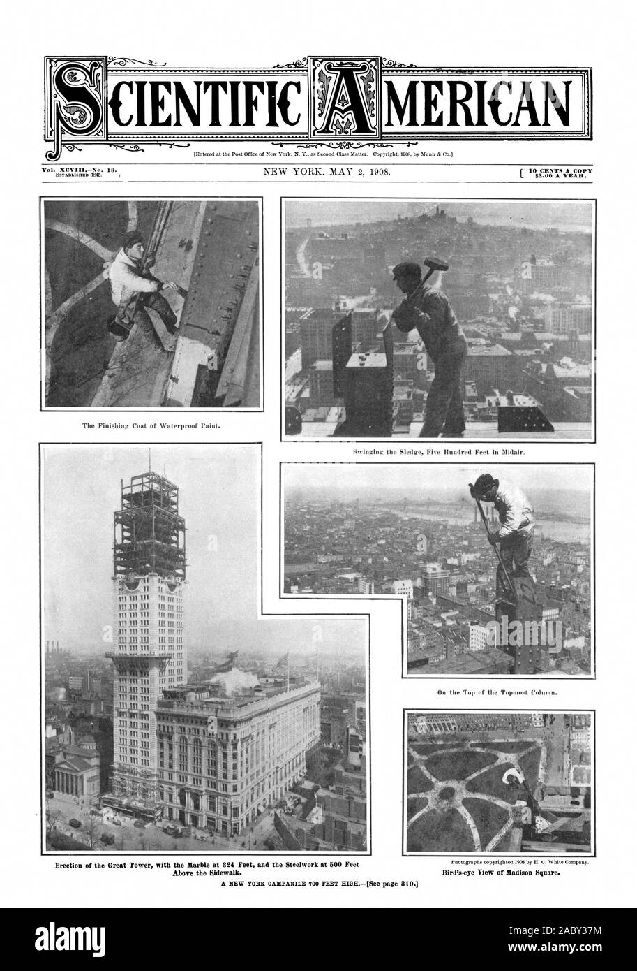 Au-dessus du trottoir. Bird's-eye view 'de Madison Square. Vol. XCVIIINo. 18. La couche de finition de peinture étanche. Balançant le traîneau Fire cents pieds dans les airs. Sur le haut de la première colonne. Cientifique MERICAN, Scientific American, 1908-05-02 Banque D'Images