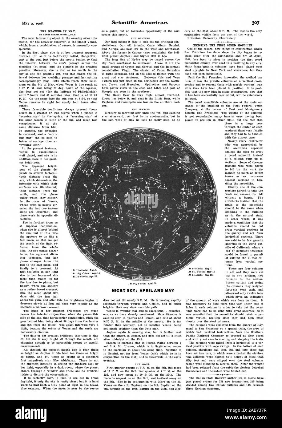 Le CIEL EN MAI. Par Henry Norris Russell PH.D. Ciel nocturne : avril. Et peut ériger le premier noyau monolithique., Scientific American, 1908-05-02 Banque D'Images