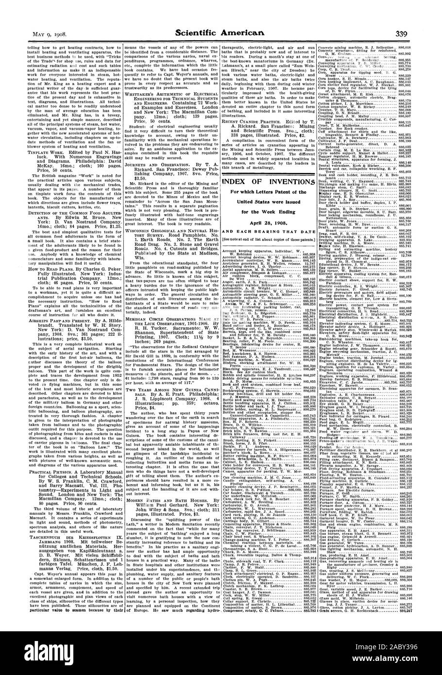 INDEX DES INVENTIONS pour lesquelles Lettres patentes de la pour la semaine se terminant le 28 avril 1908. Et chaque roulement CETTE DATE, Scientific American, 1908-05-09 Banque D'Images
