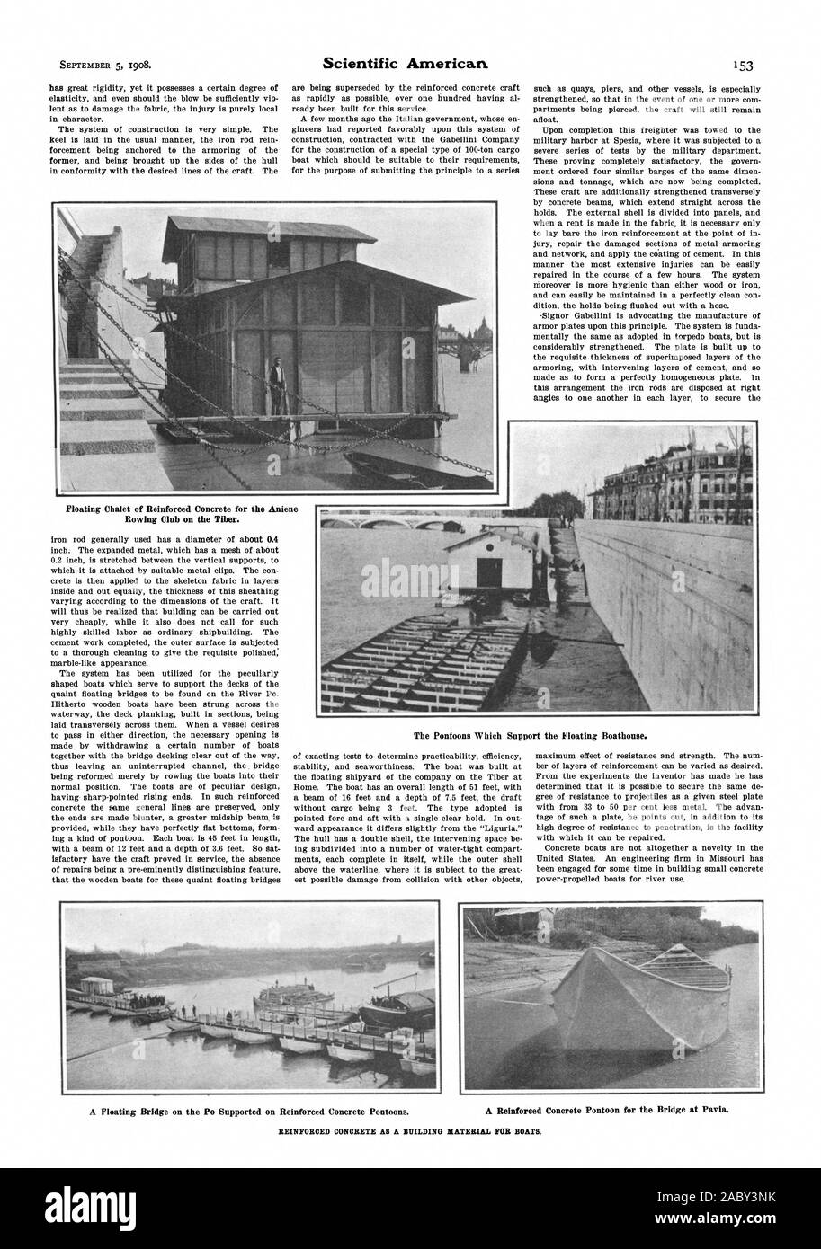 Chalet flottant de béton armé pour l'Aniene Rowing Club sur le Tibre. Les pontons qui appuient l'abri à bateau flottant., Scientific American, 1908-1909-05 Banque D'Images