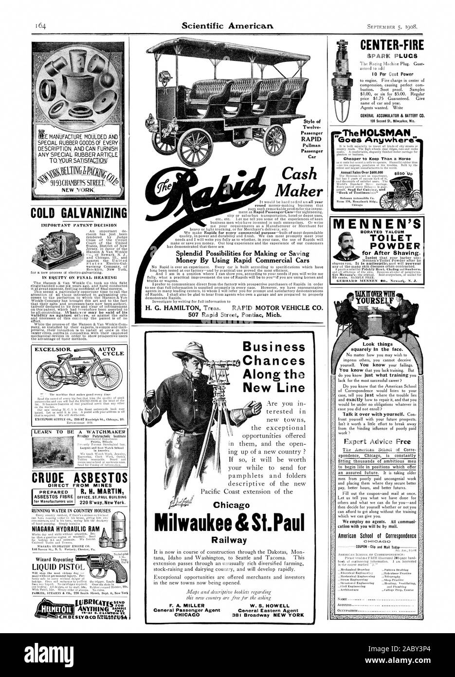 Centre-FIRE BOUGIES 10  % IMPORTANT POUVOIR DE DÉCISION EN MATIÈRE DE BREVETS DANS LES CAPITAUX PROPRES SUR L'audience finale de l'AMIANTE BRUT R. H. MARTIN ' L'EAU COURANTE DANS LES MAISONS DE PAYS DE L'ASSISTANT DE VÉRIN HYDRAULIQUE NIAGARA liquide de style pistolet répétition rapide des passagers des voitures Pullman bouilloire comptant de magnifiques possibilités de rendre ou d'économiser de l'argent en utilisant des voitures commerciales H. G. HAMILTON Treas. Véhicule à moteur rapide CO. 507 Rue rapide Pontiac Michigan Business Chances le long de la nouvelle ligne ferroviaire Milwaukee & St. Paul W. S. HOWELL Agent général de l'Est L'ACCUMULATEUR GÉNÉRALE & Battery Co. 128 Milwaukee Wisconsin va Deuxième St. Banque D'Images