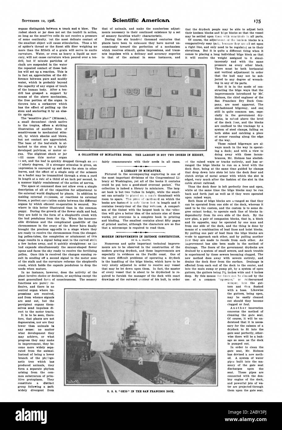 Une bibliothèque en miniature. Des améliorations MODERNES EN CALE SÈCHE DE LA CONSTRUCTION. Une collection de livres miniatures. Le PLUS GRAND EST MAIS deux pouces de hauteur. U. S. S. ' ' l'OHIO DANS LE SAN FRANCISCO DOCK., Scientific American, 08-09-12 Banque D'Images