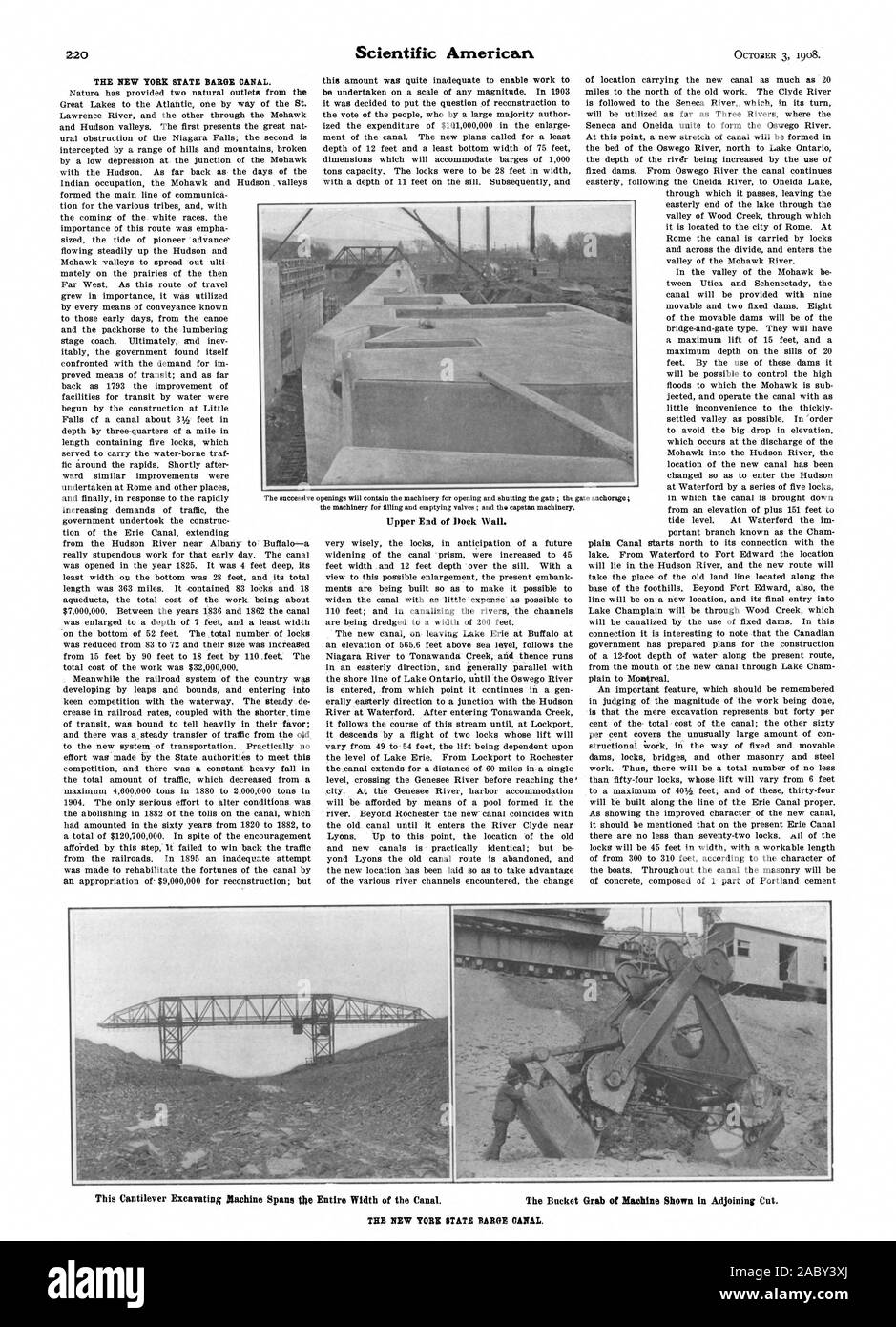 Le New York State Barge Canal. L'extrémité supérieure du mur de quai. Le nouveau canal BAROR État autrefois, Scientific American, 1908-10-03 Banque D'Images