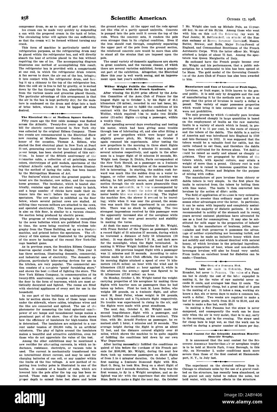 Le Show électrique à MacHson Square Garden. Wilbur Wright remplit les conditions de son contrat avec le Syndicat Français. Le coût d'un chapeau de Panama. Deuxième concours du Scientific American plus lourd que l'air-trophée. 4. 4 40 1908-10-17, Banque D'Images